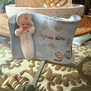 Charming Baby Design Ceramic Plaque in Blue and Gold